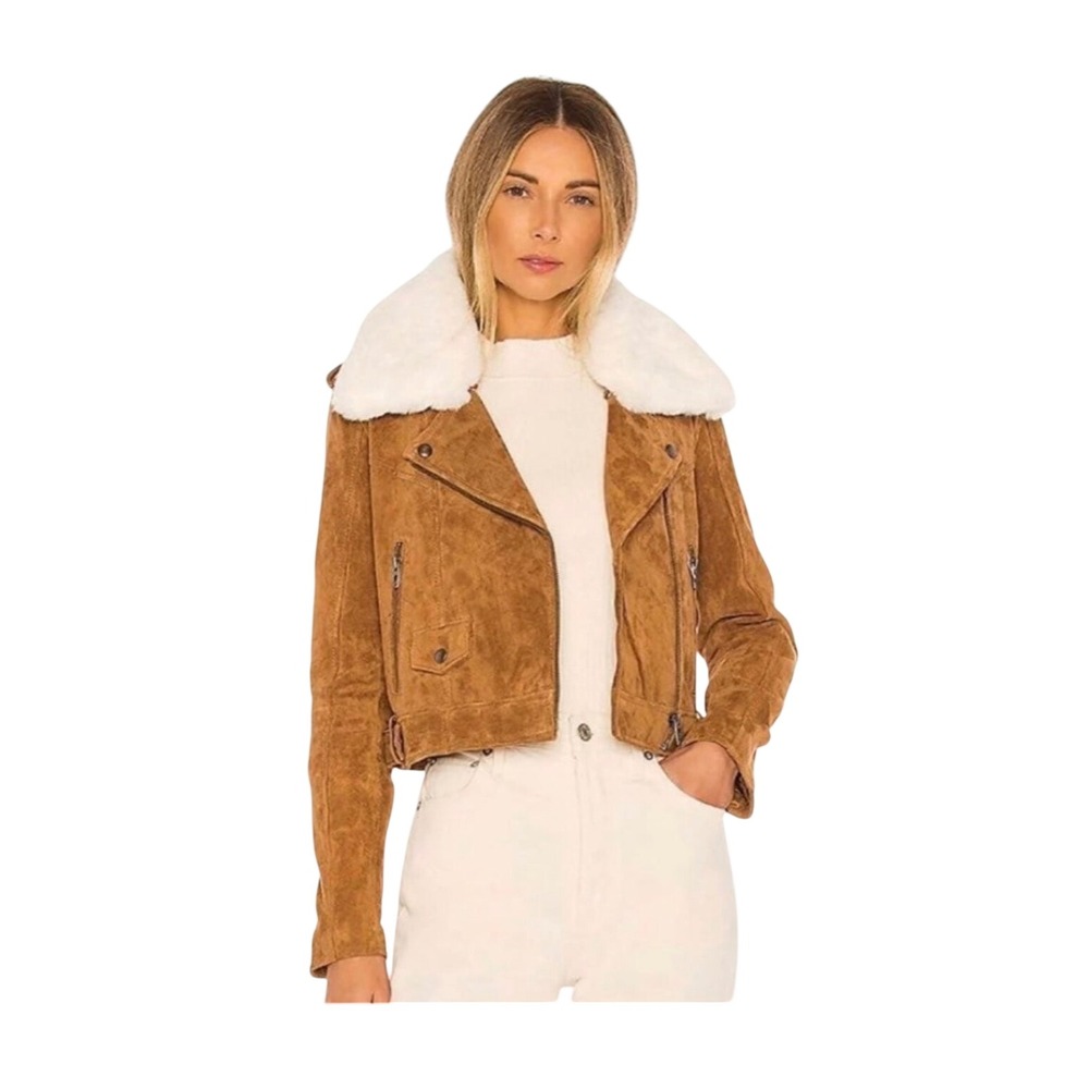 Luxury BLANC NYC Brown Suede Moto Jacket w/White Fur Collar Biker Style Size S